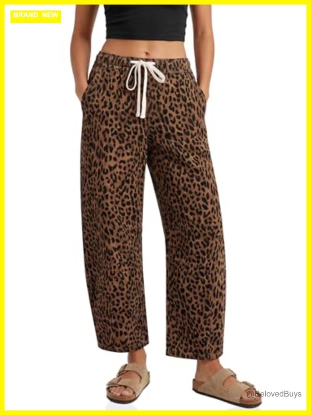 Womens Leopard Barrel Jeans High Waisted Drawstring Denim Pants